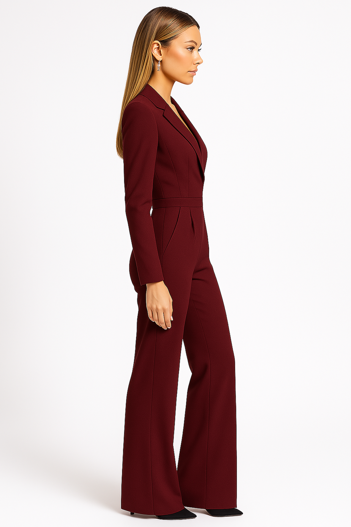 Women's Wrap-Front Blazer Jumpsuit - Burgundy Long Sleeve