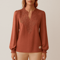 Women's Terracotta Lace Detail Blouse - V-Neck Long Sleeve
