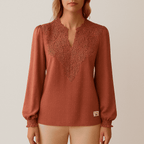 Women's Terracotta Lace Detail Blouse - V-Neck Long Sleeve