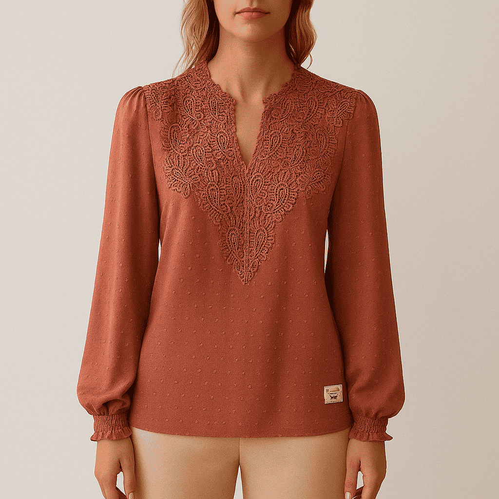 Women's Terracotta Lace Detail Blouse - V-Neck Long Sleeve