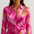 Women's Pink Marble Print Satin Shirt - Classic Collar Long Sleeve