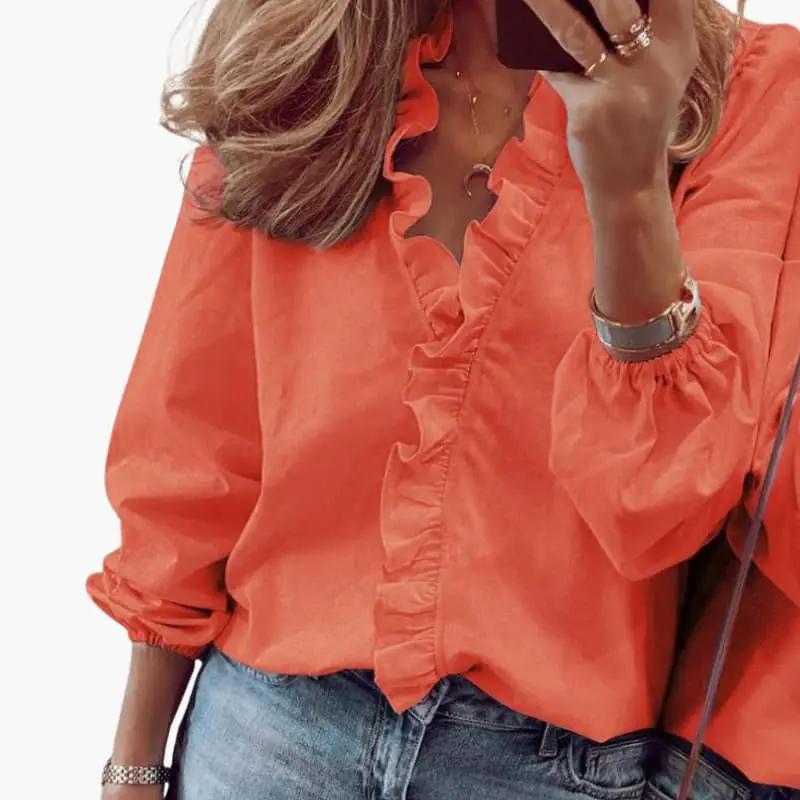 Women's V-Neck Long Sleeve Ruffle Blouse