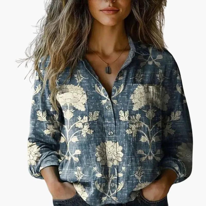 Women's Long Sleeve Button-Down Shirt with Classic Collar