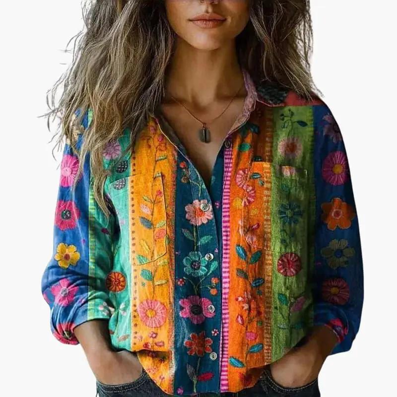 Women's Long Sleeve Button-Down Shirt with Classic Collar