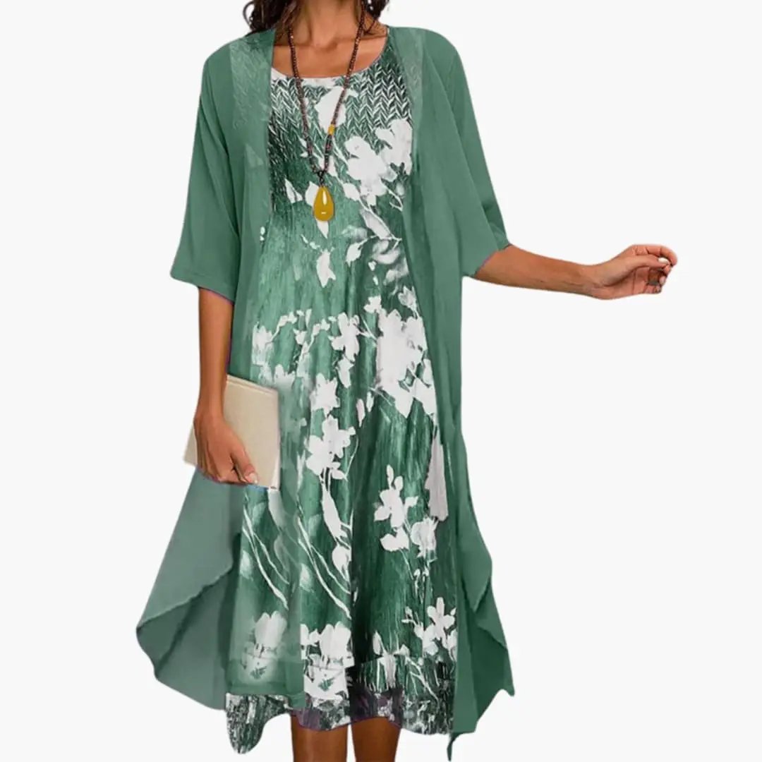Women's Floral Short Sleeve Maxi Dress & Cardigan Two-Piece Set