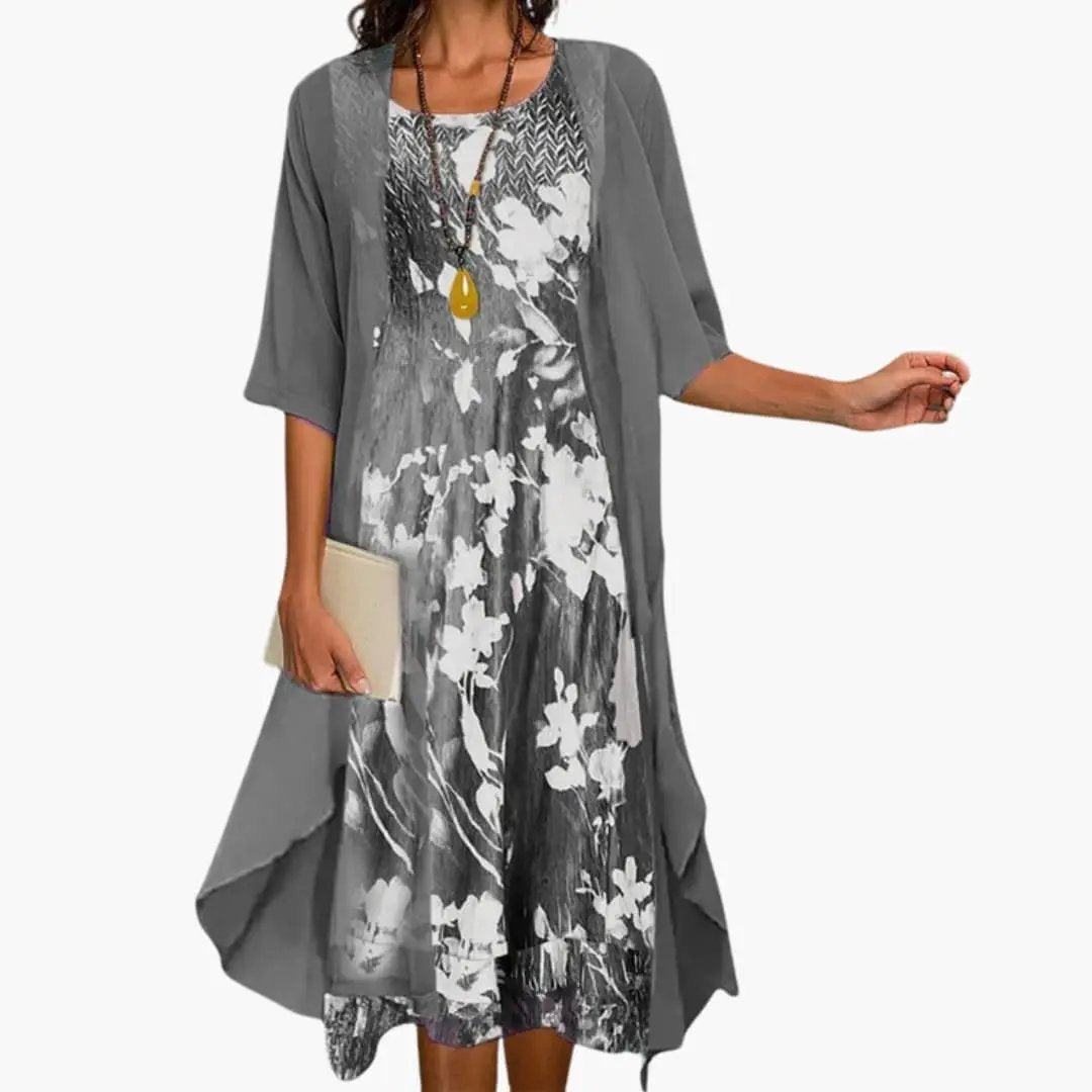Women's Floral Short Sleeve Maxi Dress & Cardigan Two-Piece Set