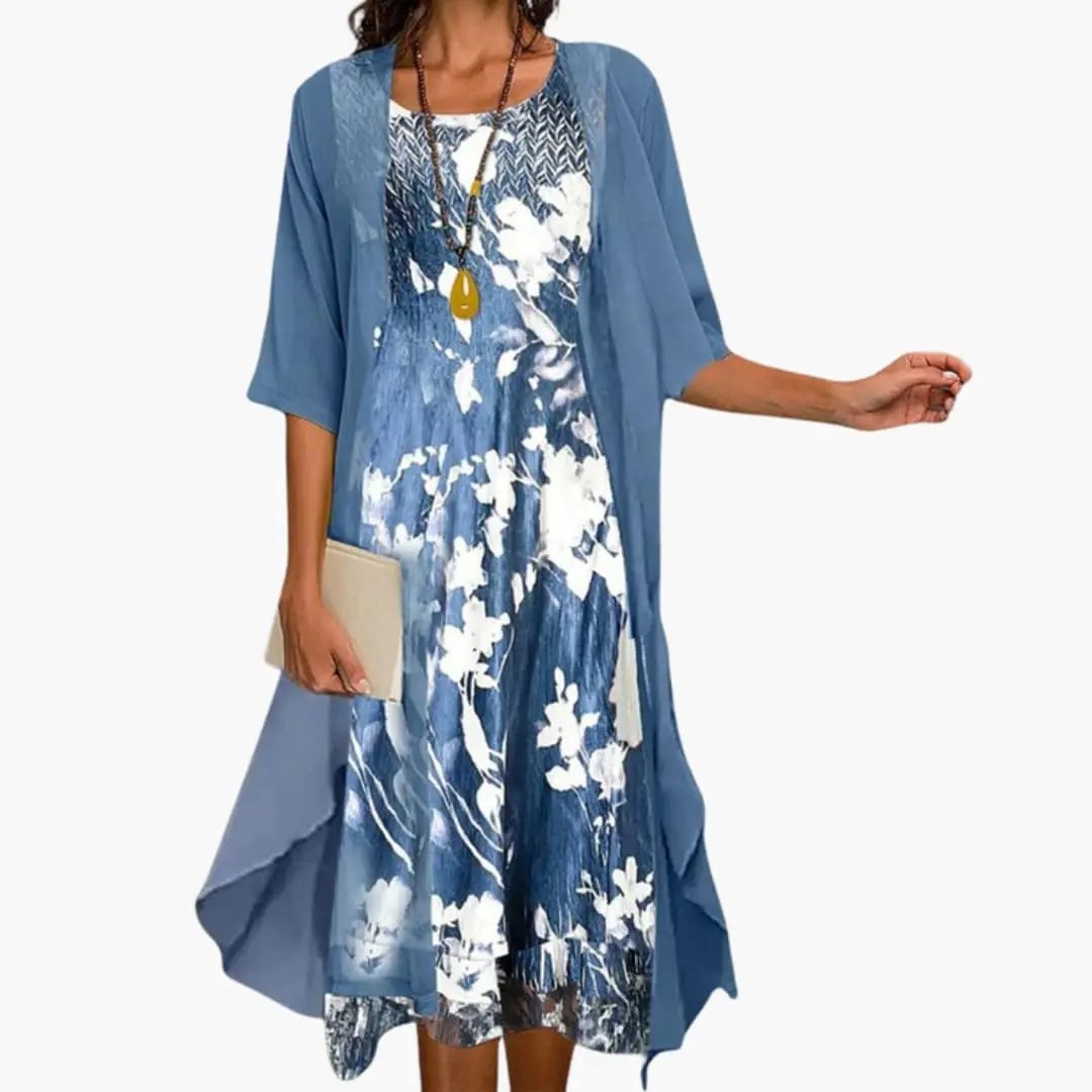 Women's Floral Short Sleeve Maxi Dress & Cardigan Two-Piece Set