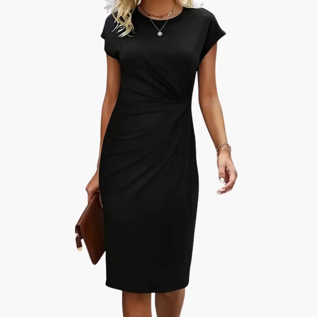 Women's Black Round Neck Short Sleeve Midi Dress