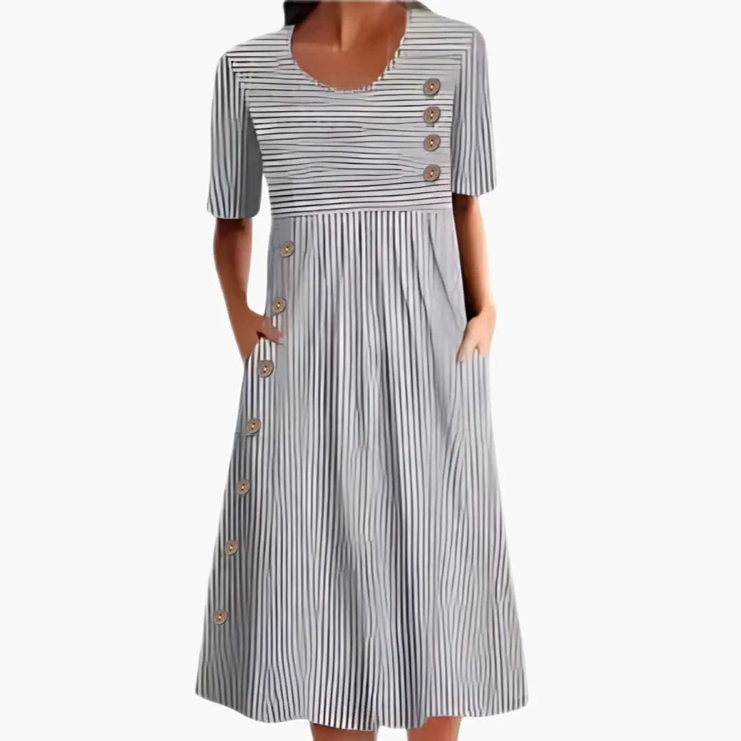 Women's Striped 3/4 Sleeve Button-Front Midi Dress