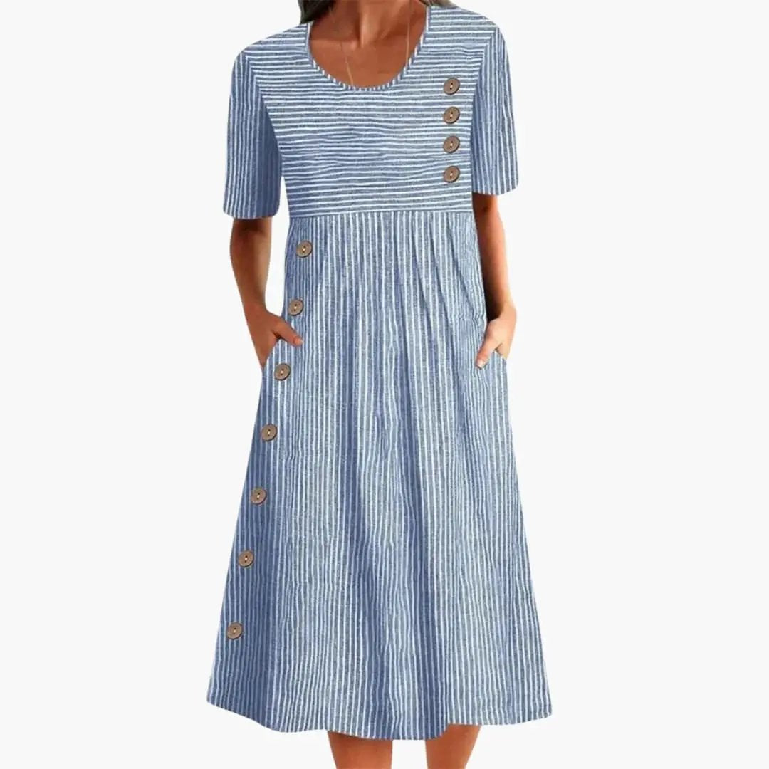 Women's Striped 3/4 Sleeve Button-Front Midi Dress