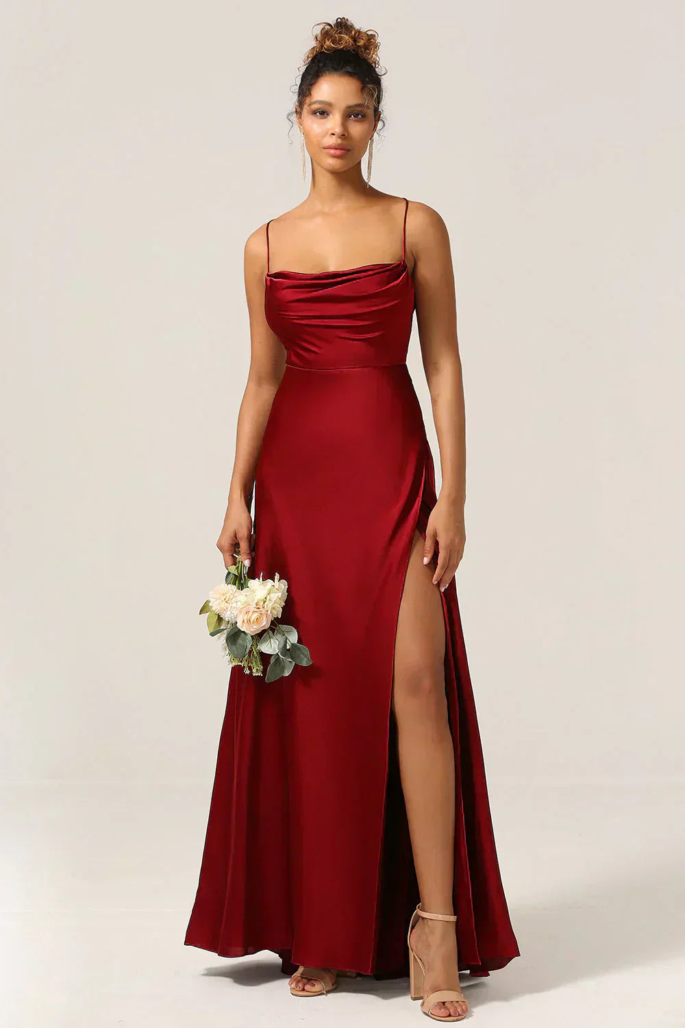 Alma - Women's Satin Cowl Neck Side Slit Maxi Dress