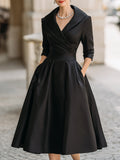 Women's Black Satin Midi Dress - Notched Shawl Collar A-Line with Pockets