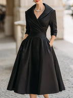 Women's Black Satin Midi Dress - Notched Shawl Collar A-Line with Pockets