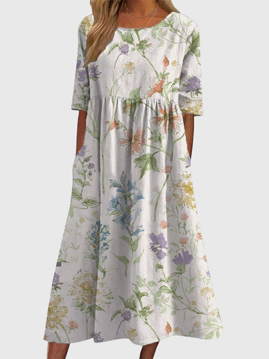 Women's Navy Floral Print Midi Dress - Short Sleeve