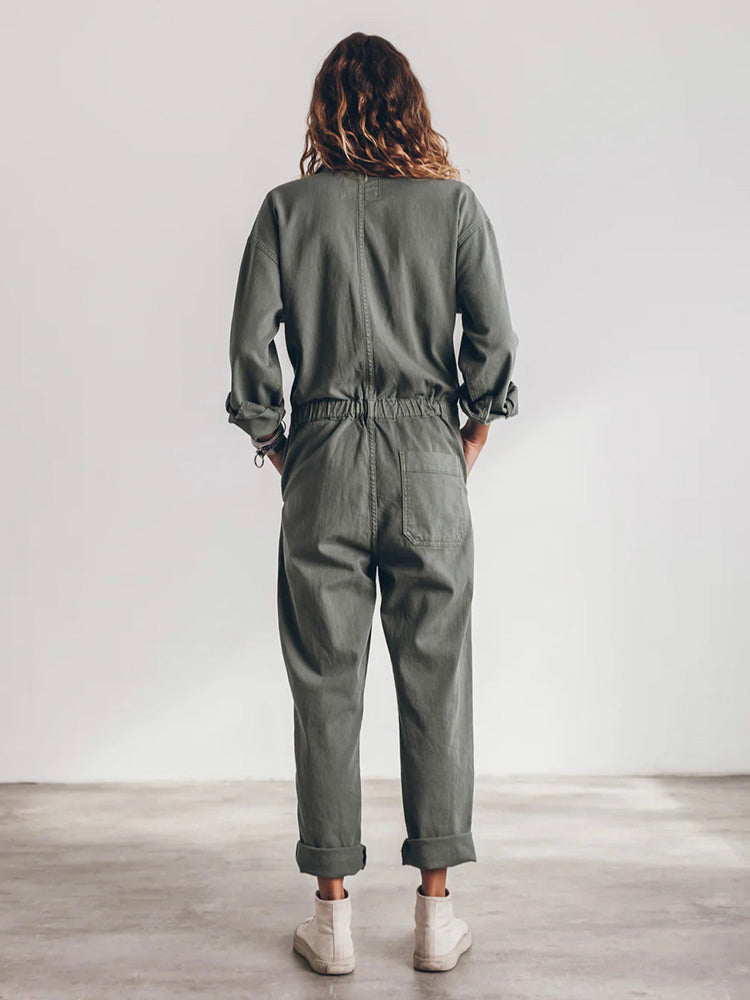 Women's Sage Green Utility Jumpsuit - Long Sleeve Button-Front