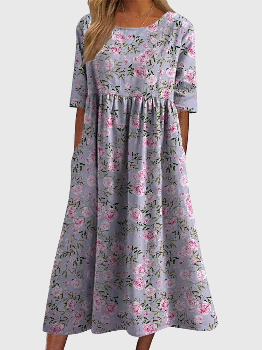 Women's Navy Floral Print Midi Dress - Short Sleeve