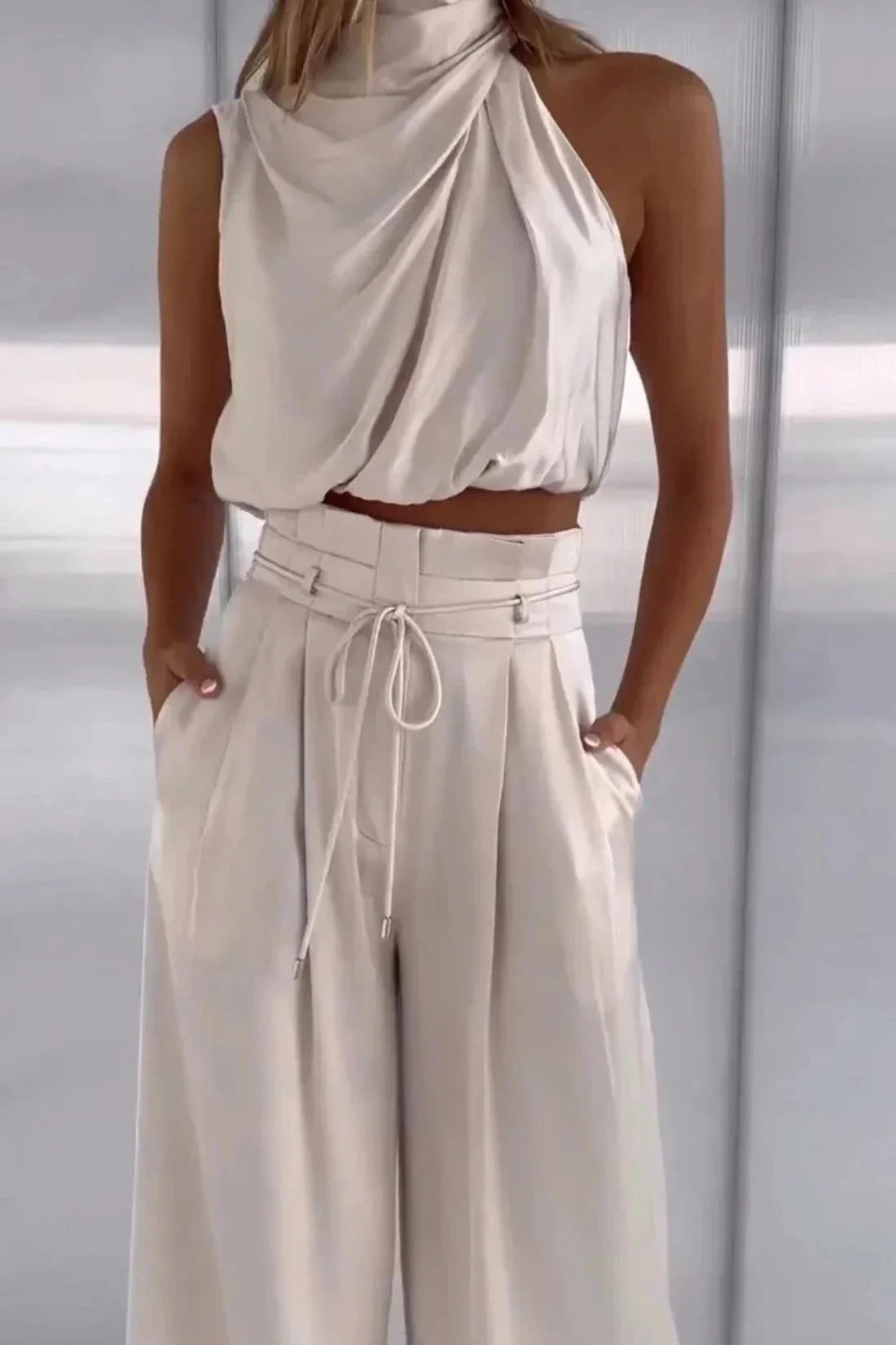 Women's Halter Top and Wide Leg Pants Two-Piece Set