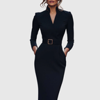 Maya - Women's Mock Wrap V-Neck 3/4 Sleeve Midi Dress