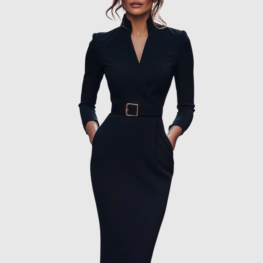 Maya - Women's Mock Wrap V-Neck 3/4 Sleeve Midi Dress