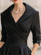Women's Black Satin Midi Dress - Notched Shawl Collar A-Line with Pockets