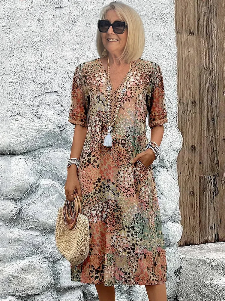 Women's Floral Print Midi Dress - V-Neck Tie Waist