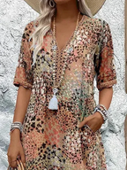Women's Floral Print Midi Dress - V-Neck Tie Waist