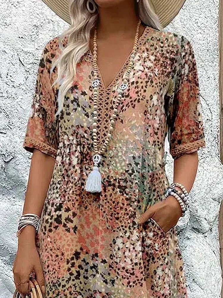 Women's Floral Print Midi Dress - V-Neck Tie Waist