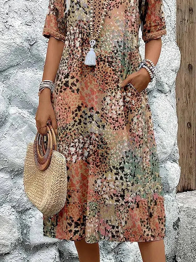 Women's Floral Print Midi Dress - V-Neck Tie Waist