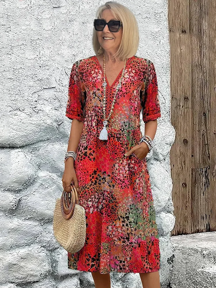 Women's Floral Print Midi Dress - V-Neck Tie Waist