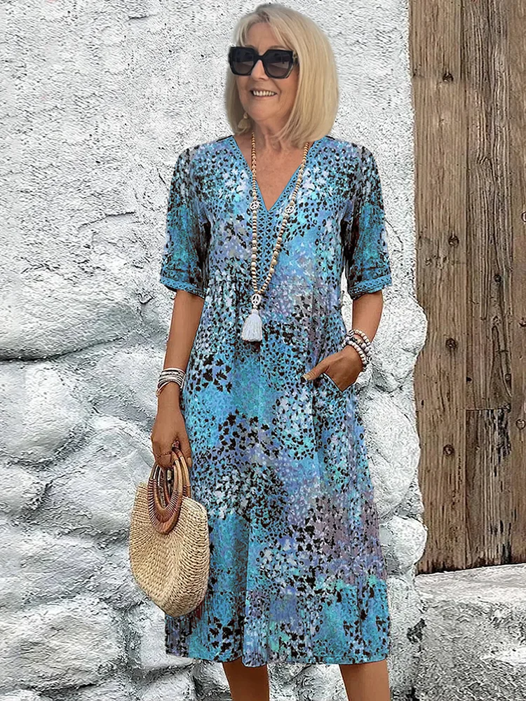 Women's Floral Print Midi Dress - V-Neck Tie Waist