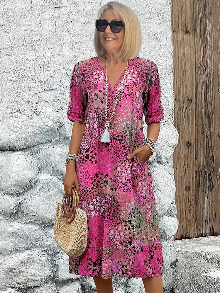 Women's Floral Print Midi Dress - V-Neck Tie Waist