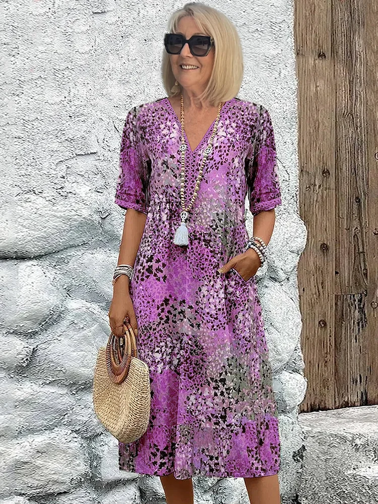 Women's Floral Print Midi Dress - V-Neck Tie Waist