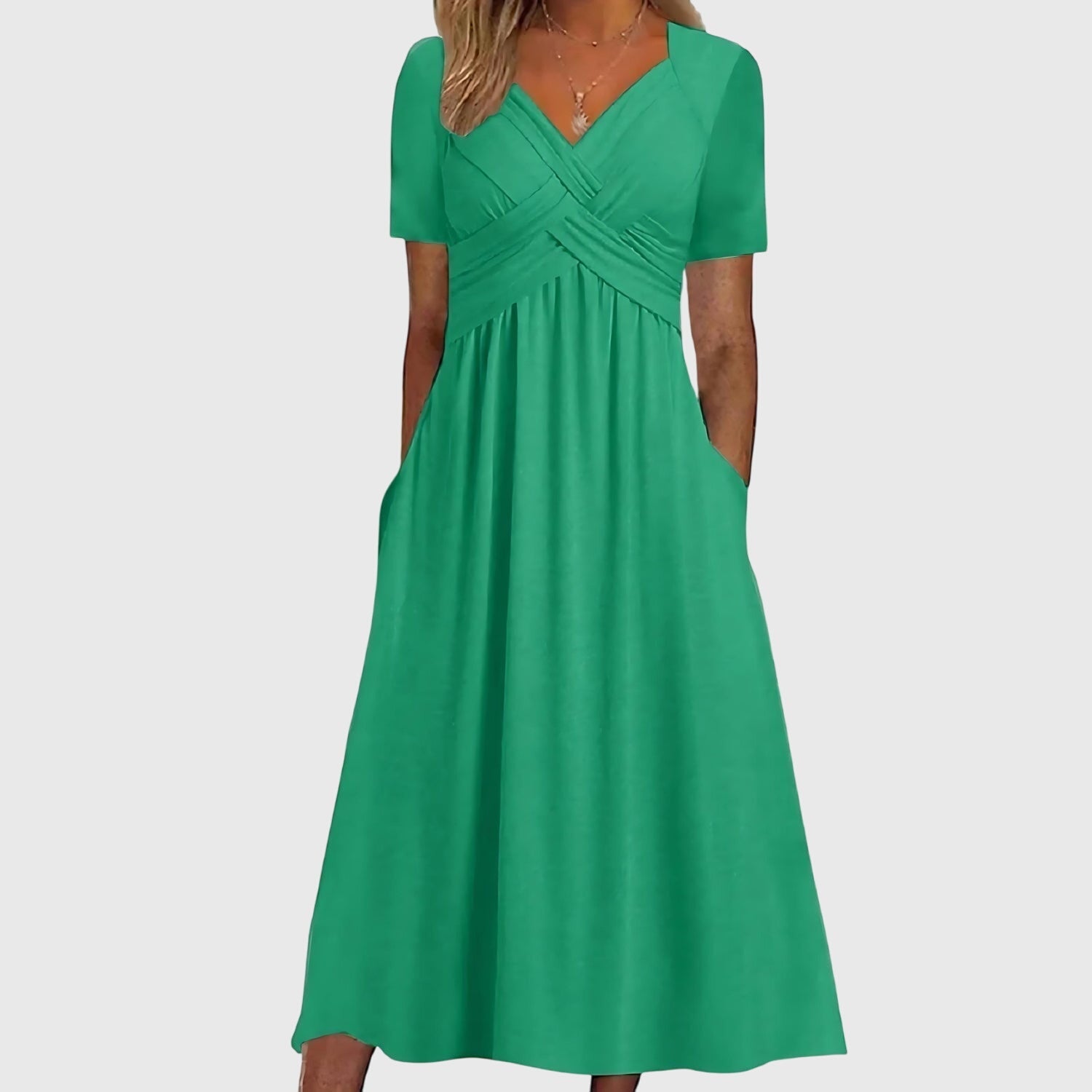 Women's Cornflower Blue Midi Dress - Crossover V-Neck