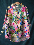 Women's Watercolor Floral Blouse - Button-Front Long Sleeve