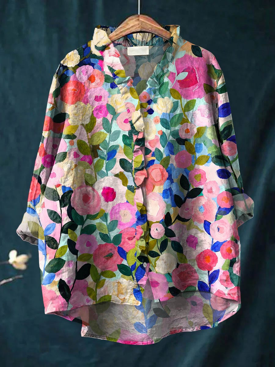 Women's Watercolor Floral Blouse - Button-Front Long Sleeve