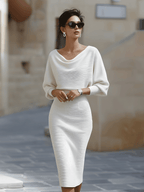 Women's White Draped Batwing Midi Dress - Knit Bodycon