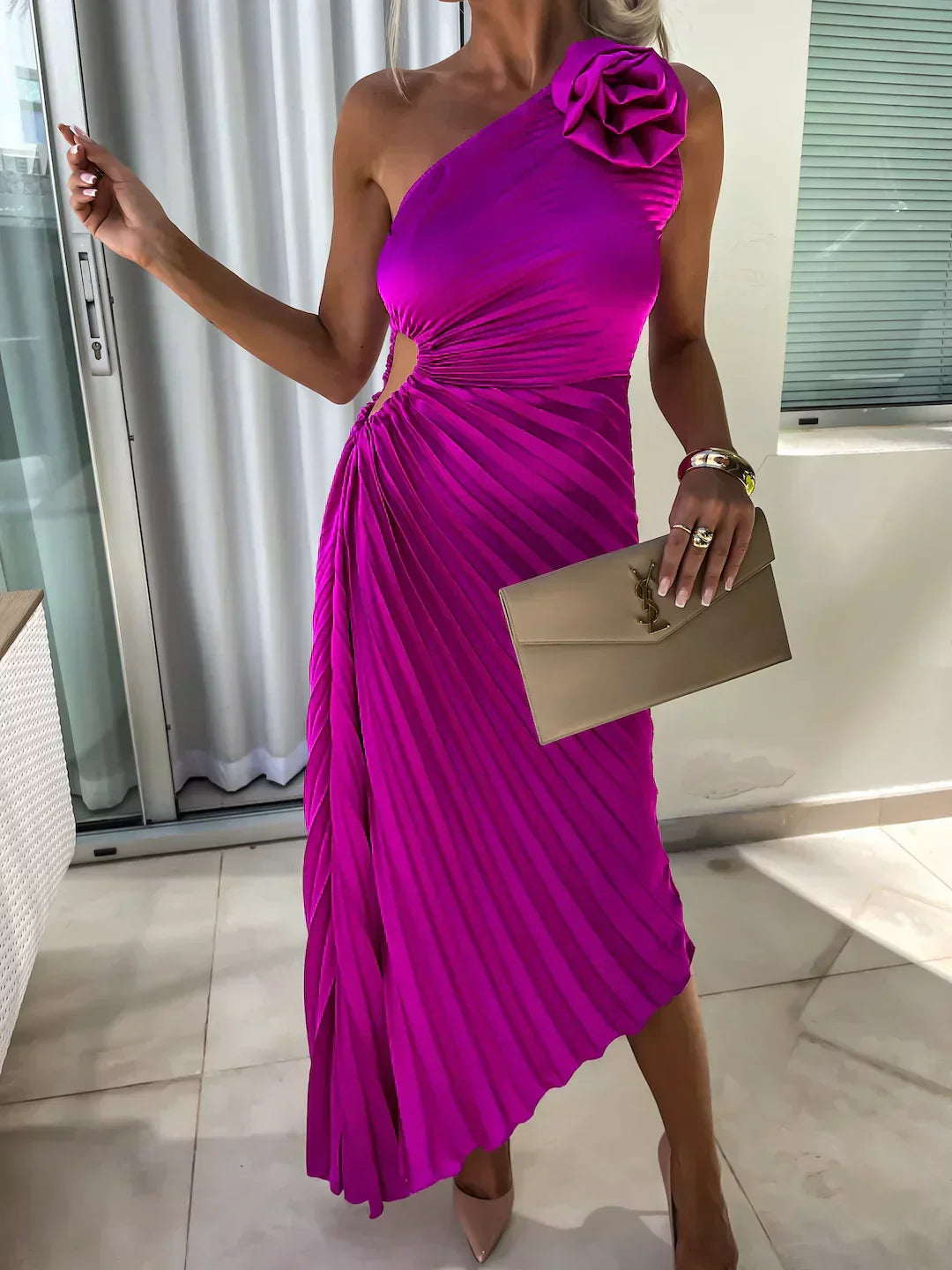 Ophelia - Women's Pleated One Shoulder Midi Dress