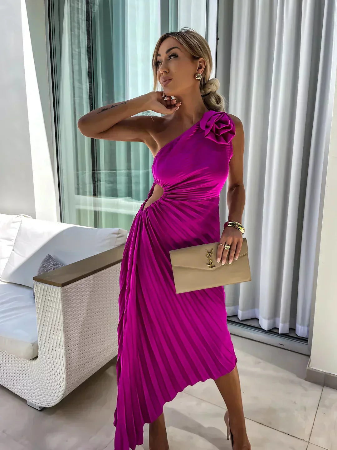 Ophelia - Women's Pleated One Shoulder Midi Dress