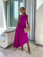 Ophelia - Women's Pleated One Shoulder Midi Dress