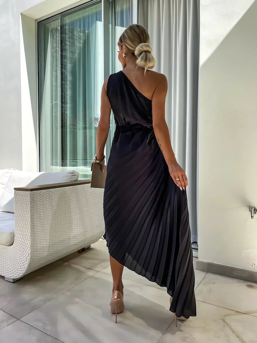 Ophelia - Women's Pleated One Shoulder Midi Dress
