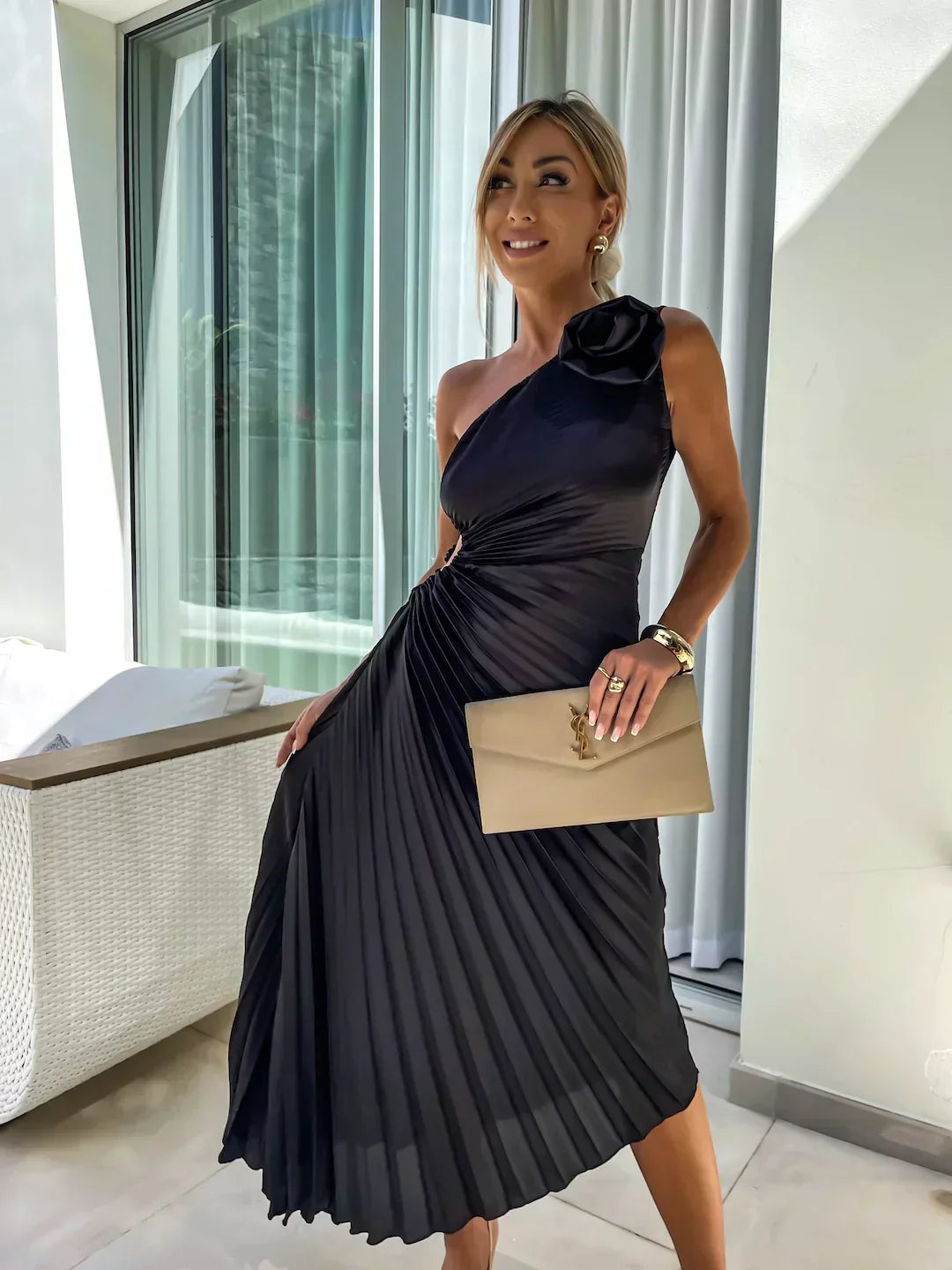Ophelia - Women's Pleated One Shoulder Midi Dress