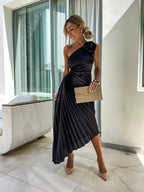 Ophelia - Women's Pleated One Shoulder Midi Dress
