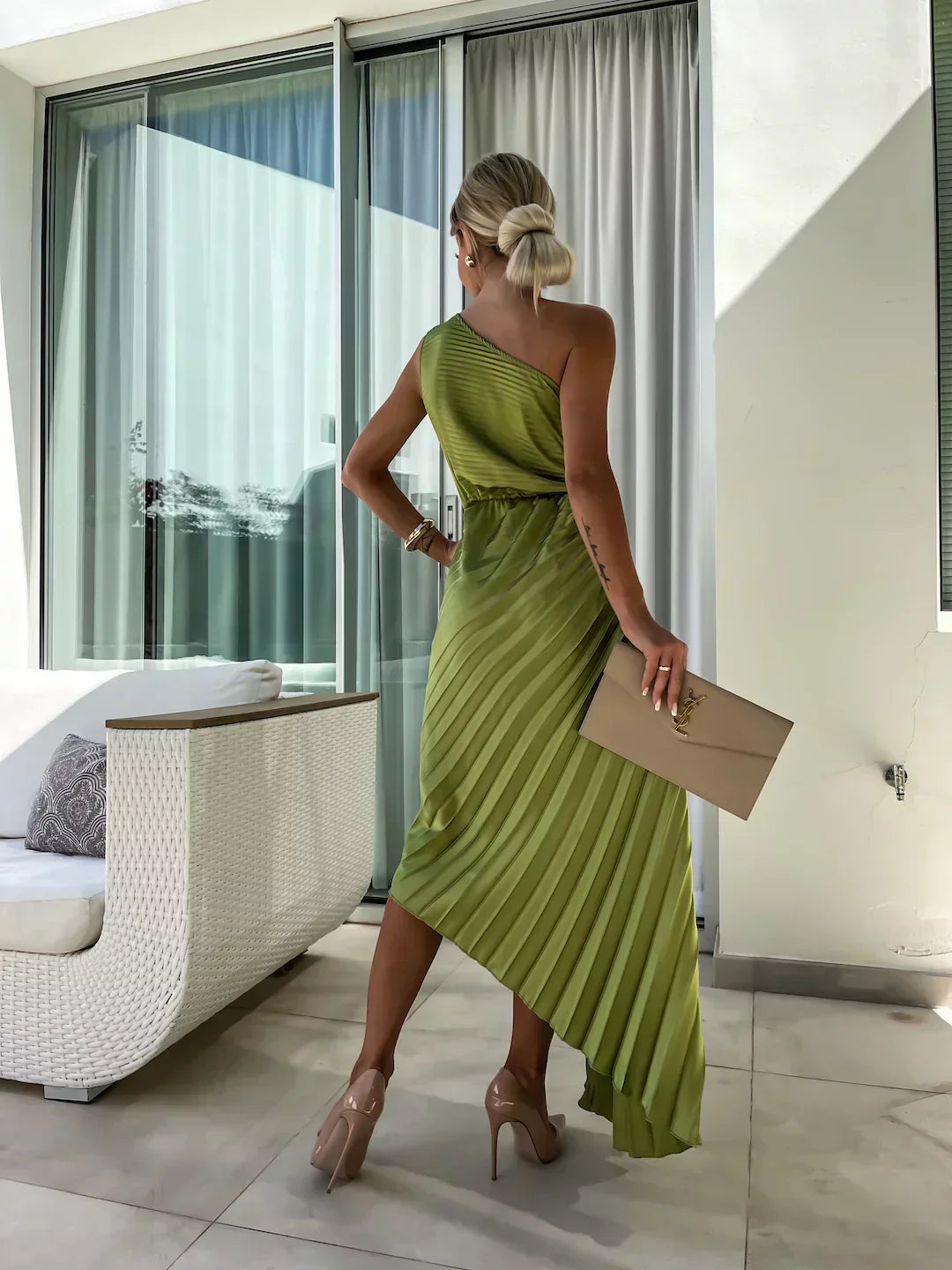 Ophelia - Women's Pleated One Shoulder Midi Dress