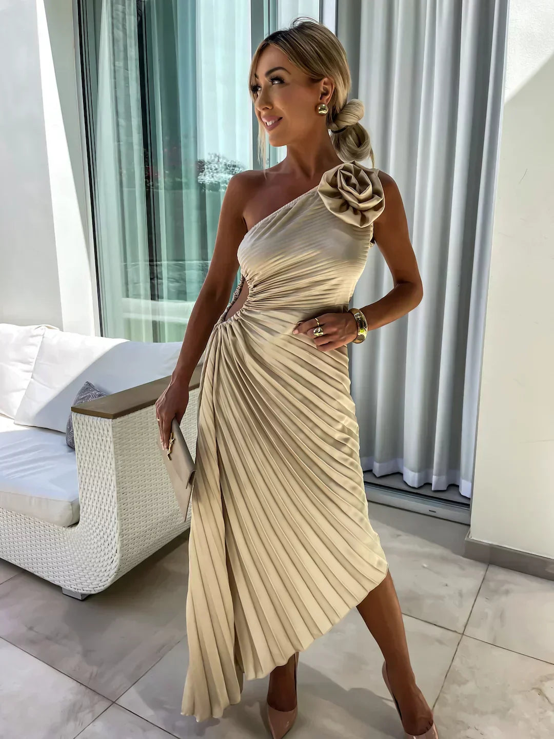 Ophelia - Women's Pleated One Shoulder Midi Dress