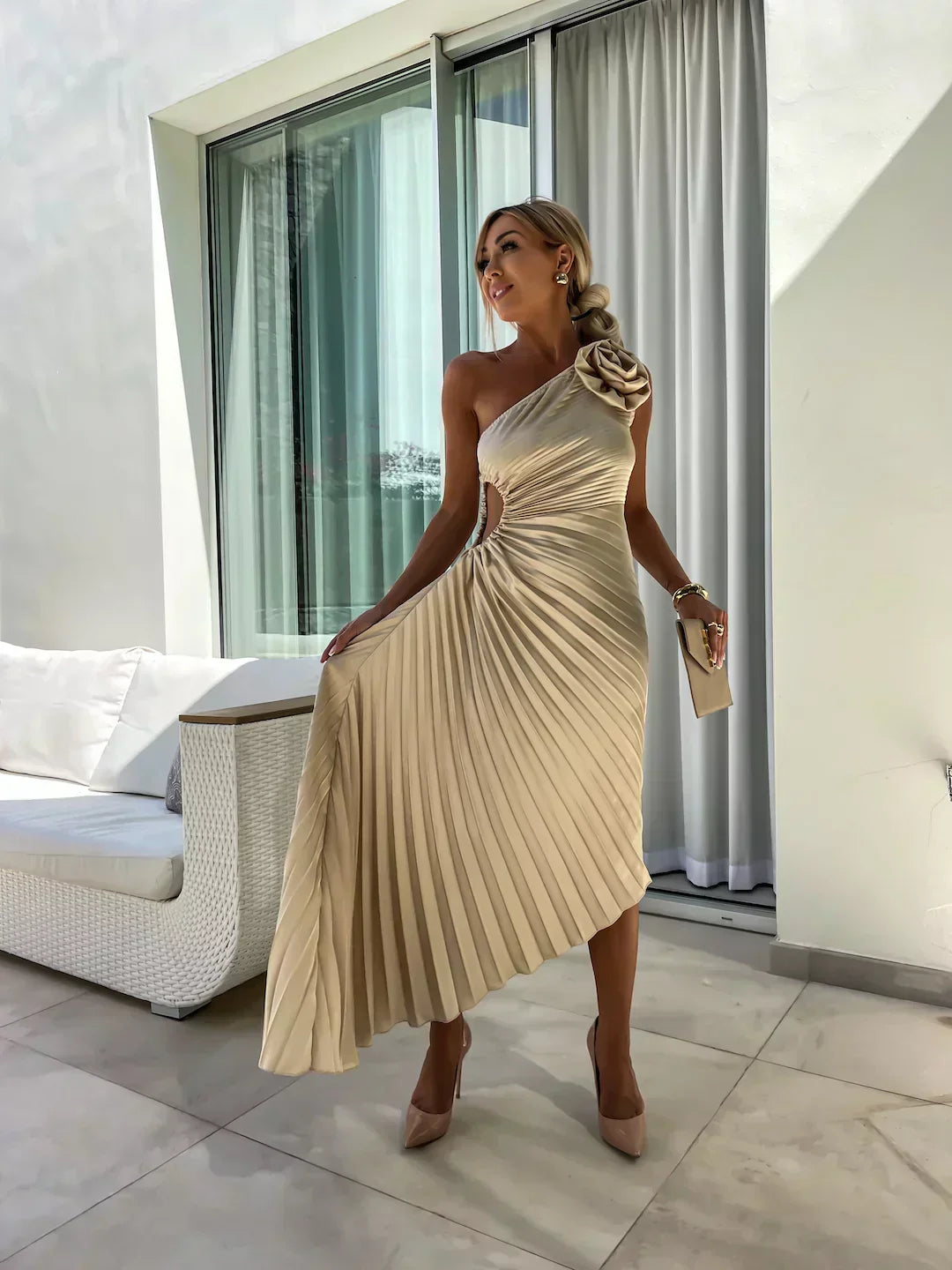 Ophelia - Women's Pleated One Shoulder Midi Dress