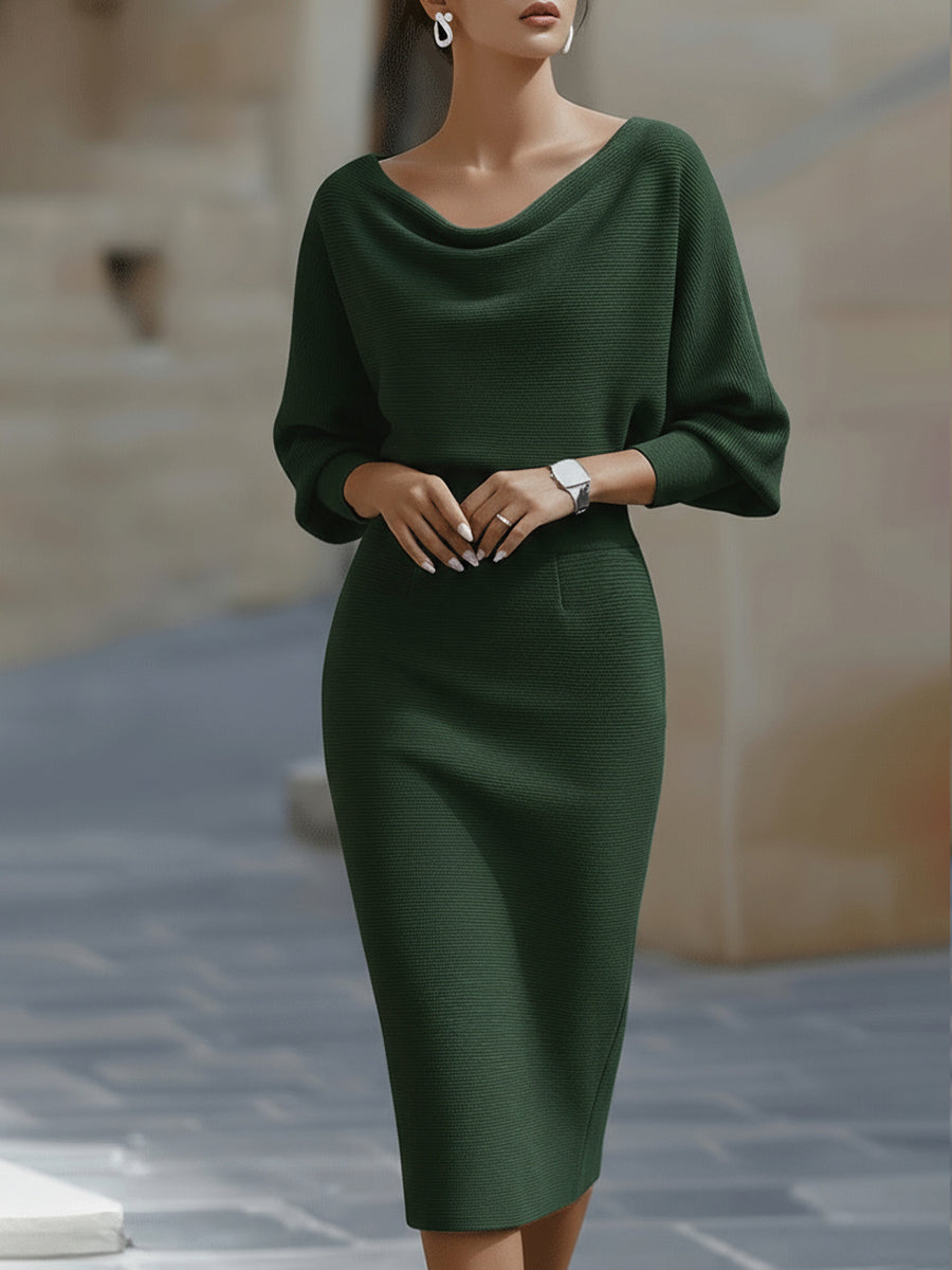 Women's White Draped Batwing Midi Dress - Knit Bodycon