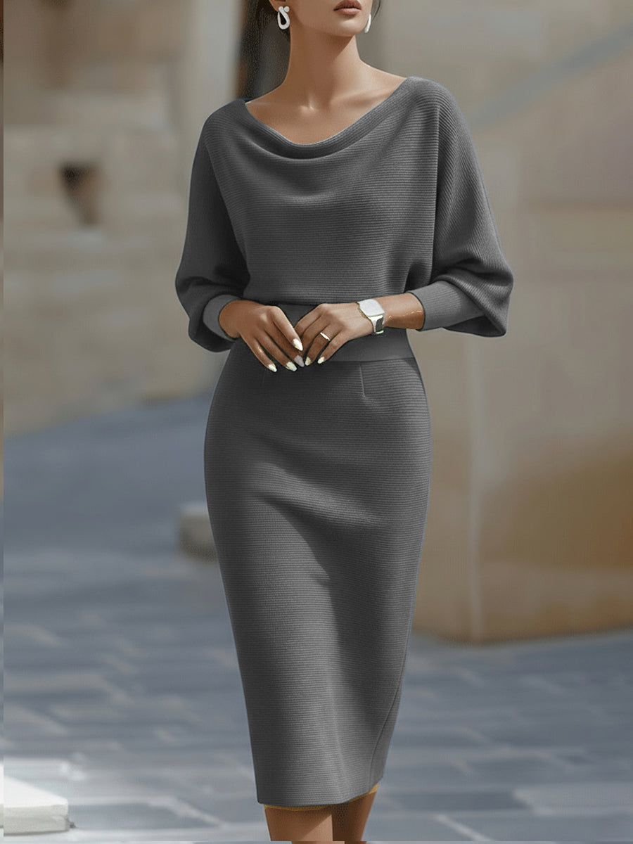 Women's White Draped Batwing Midi Dress - Knit Bodycon