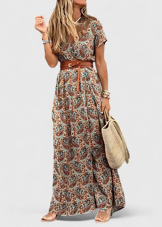 Women's Navy Printed Maxi Dress - V-Neck Belted Side Slit