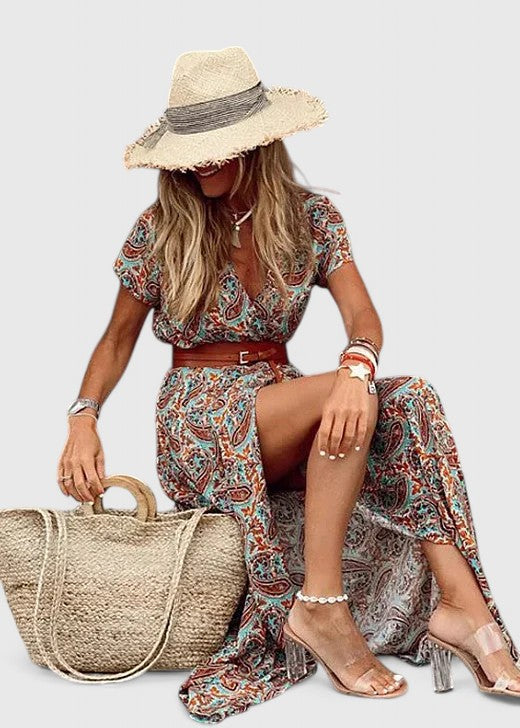 Women's Navy Printed Maxi Dress - V-Neck Belted Side Slit