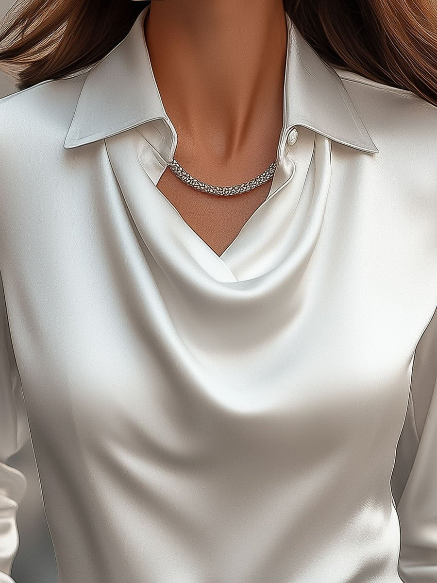 Women's White Satin Blouse - Long Sleeve Cowl Neck with Classic Collar